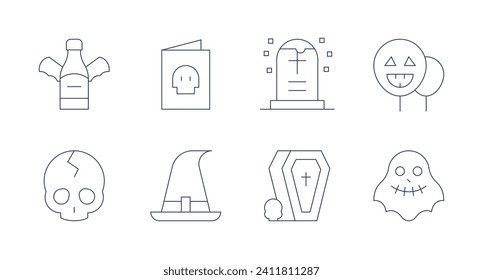 Halloween icons. Editable stroke. Containing skull, postcard, balloons, witch hat, ghost, tombstone, bottle, coffin.