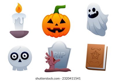 Halloween icons element vector set with candlelight, pumpkin, ghost, gravestone and other Halloween symbol. Design element for traditional and cultural holiday concept.