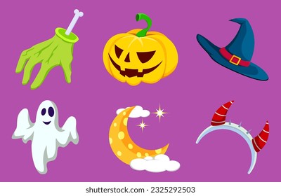 Halloween icons element vector set with hand, pumpkin, witch hat, ghost, moon and devil symbol. Design element for traditional and cultural holiday concept.