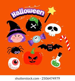 Halloween icons element vector set with bat, pumpkin spider and other witch symbols. Design element for traditional and cultural holiday concept