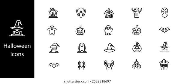 Halloween icons elements like ghosts, pumpkins, bats, spiders, witches, and haunted houses. Maintain a minimalist, line art style symbol