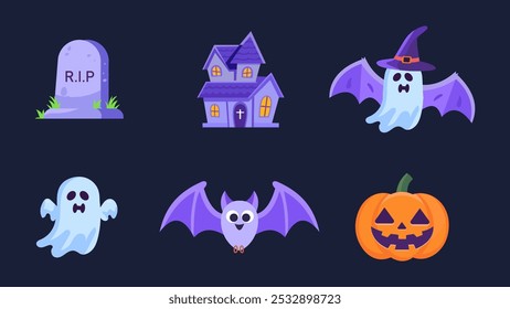 Halloween icons elements like ghosts, pumpkins, bats, spiders, witches, and haunted houses. Maintain a minimalist, line art style symbol