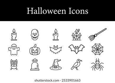 Ícones de Halloween elementos como fantasmas, abóboras, morcegos, aranhas, bruxas e casas assombradas. Manter um símbolo de estilo de arte linear minimalista