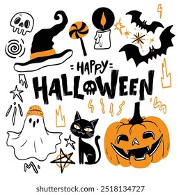 Halloween icons and elements set with pumpkins, bats, ghosts, and spooky characters