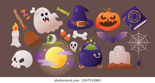 Halloween Icons Elements, A Set of Spooky and Mysterious Symbols,Vector, Illustration