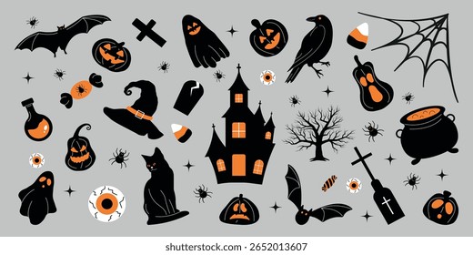 Halloween Icons Flat Silhouette set with Spooky Festive symbols elements. Collection Stickers Scary Holiday October 31. Vector Illustration Halloween Сastle, Pumpkin, Witch Hat, Spider Web, Bat, Cat.