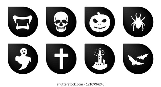 Halloween icons. Funny faces with different halloween elements. Heart, like, skull, bat, spider, castle, pumpkin, spooky. Vector illustration