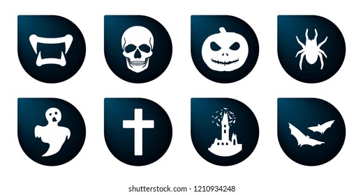 Halloween icons. Funny faces with different halloween elements. Heart, like, skull, bat, spider, castle, pumpkin, spooky. Vector illustration