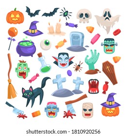 Halloween icons. Funny holiday candle, zombie, witch cauldron and broom, ax and spider, pumpkin in hat, spooky ghost, grave and bat, skull magic trick or treat party flat vector cartoon isolated set
