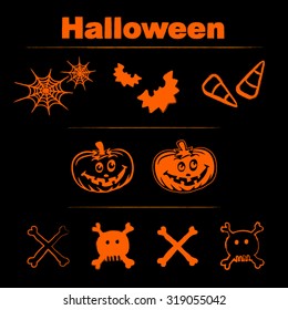 Halloween icons and graphic elements. Orange spider webs, bats, candy corn, pumpkins and skull with crossbones on a black background.