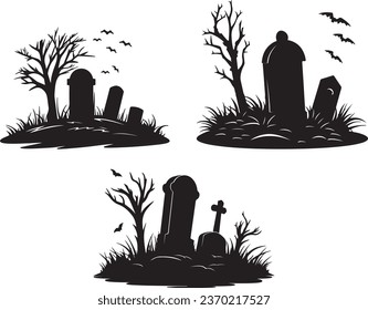 Halloween Icons of Gravestone, Tombstone, and Headstone: Vector Silhouettes of Tomb Stones. Monuments at Christian Cemetery, Funeral Grave Burial, and Graveyard Tombstones svg