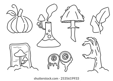 Halloween icons hand drawn illustrations for element celebration pumpkin zombie mushroom