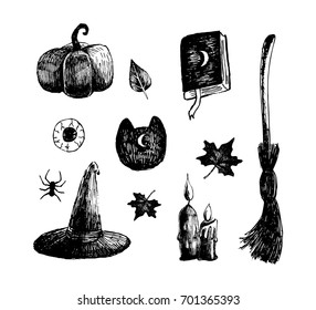 Halloween icons. Hand drawn sketches for halloween party. Vector illustration. 