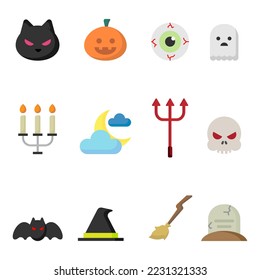 Halloween icons. holiday symbols, moon and spider, pumpkin, ghost and bat. candy, skull and gravestone