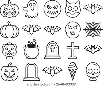 Halloween Icons Illustration Featuring Pumpkins, Ghosts, Bats, and More with a Spooky and Fun Collection of Graphic Elements