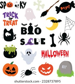 Halloween icons including pumpkin, trick or treat, spider, bat, ghost, witch broom, skull, tombstone. They can be used for stickers, campaign logo, ads, banner, post, print, decoration, etc.