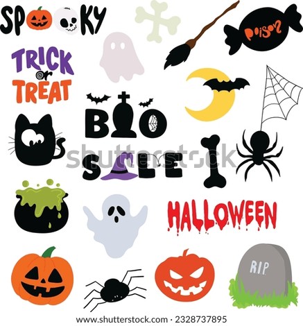 Halloween icons including pumpkin, trick or treat, spider, bat, ghost, witch broom, skull, tombstone. They can be used for stickers, campaign logo, ads, banner, post, print, decoration, etc.