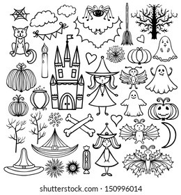 Halloween icons isolated set with pumpkin, broom, castle, trees, fairies, witches, bats, spider, cat, dice, hats, trees, hearts, stars, web, pot, candle, candy, flags, month - vector