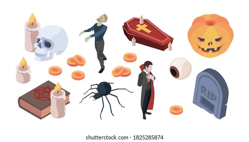 Halloween icons. Items for traditional scary zombie party halloween symbols vector isometric set