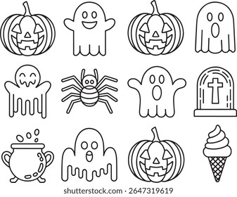 Halloween Icons Line Art Illustration Apresentando Abóboras, Fantasmas, Aranha, Tombstone, Caldeirão e Cone de Sorvete para Temporada Assustadora
