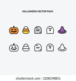Halloween Icons, Line concept cute set pumpkin, candy corn, tomb, ghost, witch hat, jack-o-lantern vector color