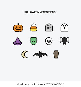 Halloween Icons, Line concept cute set pumpkin, candy corn, tomb, ghost, witch hat, jack-o-lantern, bat, moon, coffin, spider, skull vector color