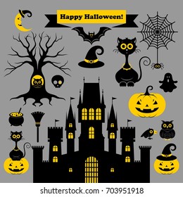 Halloween icons or logos in modern line style. Vector illustration on a gray background.
