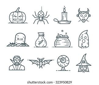 Halloween icons in minimal thin line style. Pumpkin, spider, candle and demon. Grave, candy bag, cauldron, and ghost. Vampire, bat, eye and witch.