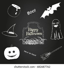 Halloween icons on chalkboard. Traditional holiday symbols pumpkin, ghost, bat, hat and other