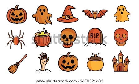 Halloween icons pack with pumpkin witch hat ghost skull