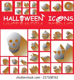 halloween icons paper style on white square and shadow