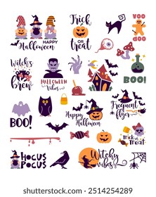 Iconos de Halloween con inscripciones de eslogan populares. Citas de Vector. Ilustración para la frase de Halloween.