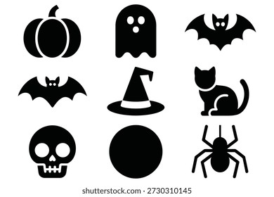 Iconos de Halloween calabaza fantasma murciélago bruja sombrero cráneo de gato araña círculo