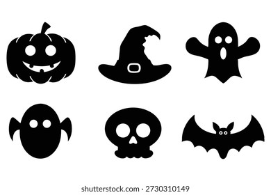 Ícones de Halloween abóbora fantasma morcego crânio chapéu vetor