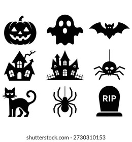 Iconos de Halloween calabaza fantasma murciélago casas encantadas arañas gato lápida