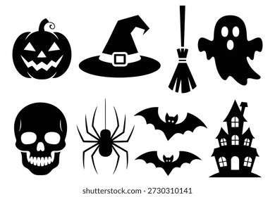 Iconos de Halloween calabaza fantasma bruja sombrero araña murciélagos casa encantada