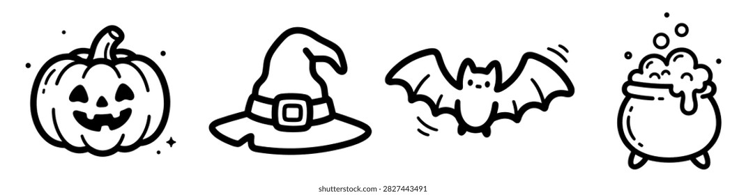 halloween icons pumpkin witch hat bat and bubbling cauldron line art illustration on transparent background