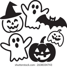 Halloween Icons Pumpkins Ghosts and Bats in Black and White
