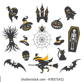 Halloween icons with halloween pumpkins isolated on white. Spider and black cat, skull and witch vector illustration