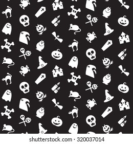 Halloween icons seamless pattern from animals, skull, bones and magic attributes  for web and stickers. Vector