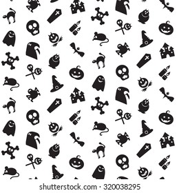 Halloween icons seamless pattern from animals, skull, bones and magic attributes  for web and stickers. Vector