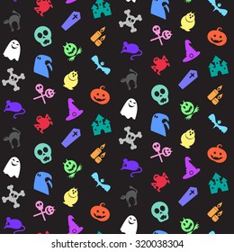 Halloween icons seamless pattern from animals, skull, bones and magic attributes  for web and stickers. Vector