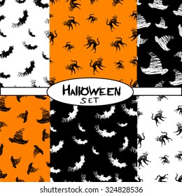Halloween icons seamless pattern from animals, hat, vector