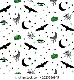 Halloween icons seamless pattern background vector with witchy hat, bats, pumpkins and spider net.