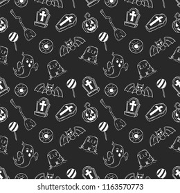 halloween icons seamless pattern with hand drawn style on chalkboard background