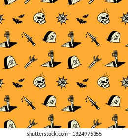 HALLOWEEN ICONS SEAMLESS PATTERN ORANGE BACKGROUND