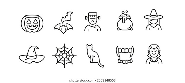 Halloween icons. Set of 10 Halloween trendy minimal icons. Skull, Zombie, Mummy, Pumpkin, Haunted House icon. Design signs for web page, mobile app, packaging design. Vector illustration