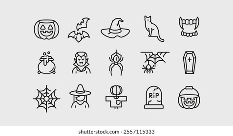 Halloween icons. Set of 15 Halloween trendy minimal icons. Skull, Zombie, Mummy, Pumpkin, Haunted House icon. Design signs for web page, mobile app, packaging design. Vector illustration