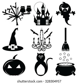 Halloween icons set 2 in black&white including owl,spooky tree, pumpkin, hunted castle ruins and full moon, chandelier with candles and flying bats, witch hat & buckle, scary cat, boiler and broom
