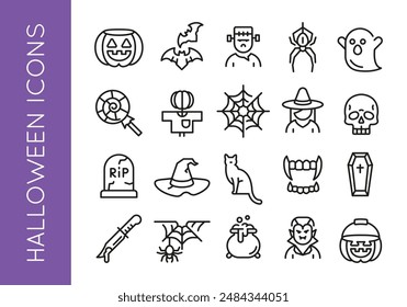 Halloween icons. Set of 20 trendy minimal icons. Pumpkin, Bat, Frankenstein, Spider, Ghost icon. Design signs for web page, mobile app, packaging design. Vector illustration